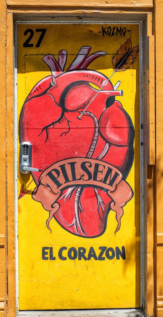 doors, loterÍa, Pilsen, murals, community, KOZMO, artist, El Corazón