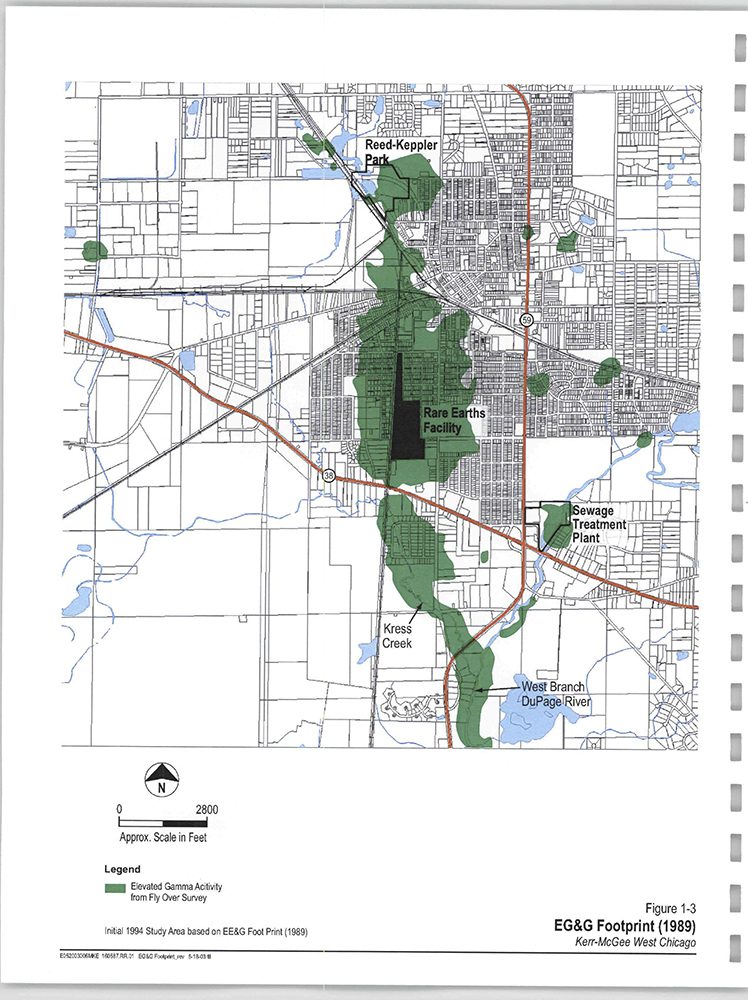 shows gamma activity in green around the Rare Earths Facility